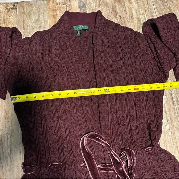 Lauren Ralph Lauren Cable Knit Cardigan Velvet Tie Waist SZ Large Quiet Luxury - Picture 6 of 10